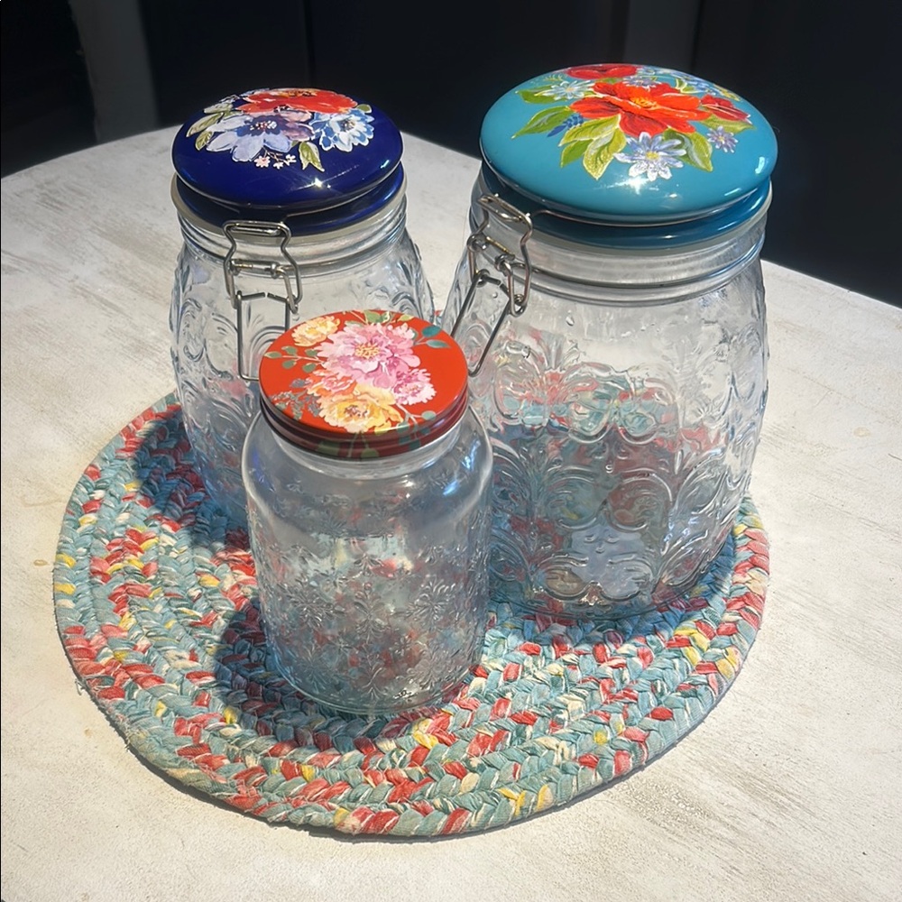 Floral Glass Jar Set with Colorful Lids